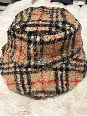 Plaid Sherpa Bucket Hat - Tan, Black, Red